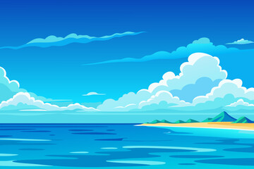 Beautiful beach scene with vibrant blue ocean and fluffy clouds under a bright sky for travel