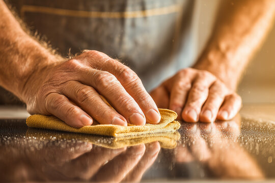 Man cleaning kitchen counter with yellow cloth close up - Powered by Adobe