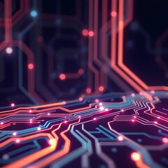 A vibrant, futuristic image of a glowing circuit board with red and blue lines