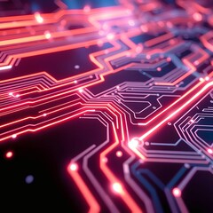 A macro view of an illuminated circuit board, with intense red lines and glowing nodes