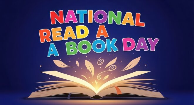 National read a book day celebration with open book and colorful text - Powered by Adobe