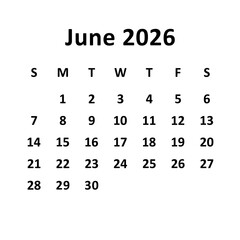 June 2026. monthly calendar design. week starts on sunday. printable, editable, simple, and clean vector design isolated on white background.