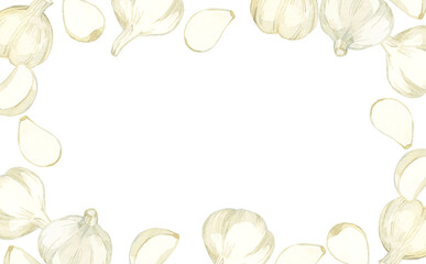 ニンニクのフレーム　野菜・薬味の手描き水彩イラスト背景素材