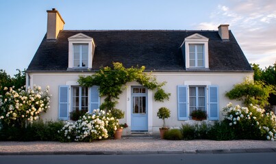  a symmetrical, pretty, classically french house in the loire region with window box flowers and pale blue shutters