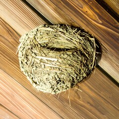 Round bird's nest of straw, affixed to wooden ceiling