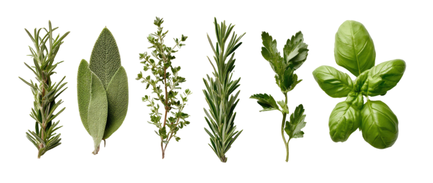 Fresh herbs arranged in a horizontal row