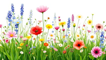 Vibrant field of colorful wildflowers in bloom against a bright white background