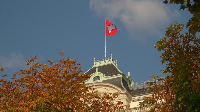 sunny day autumn  tree tops zurich city old building top national swiss flag slow motion panorama 4k switzerland