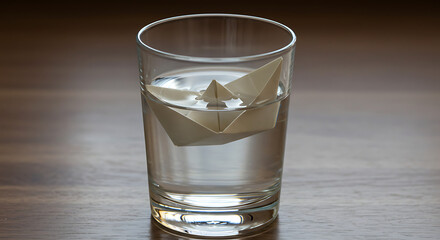  Folded Paper Boat Floats Serenity in a Glass of Clear Water, Evoking Concepts of Dreams, Imagination, Simplicity, and a Childlike Sense of Adventure and Exploration.