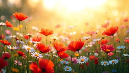 Fototapeta premium Vibrant field of red poppies and white daisies bathed in golden sunlight