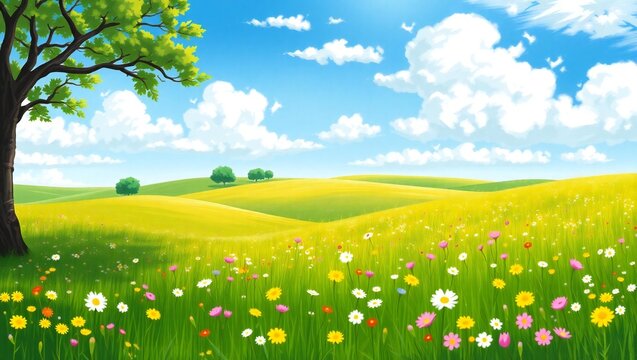 Vibrant springtime meadow with rolling hills and fluffy clouds
