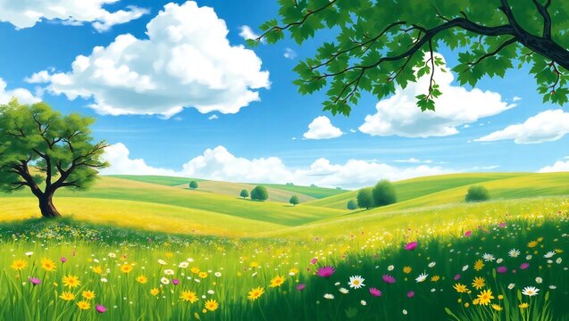 Vibrant summer meadow with rolling hills and blue sky