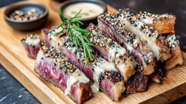 Savoring gourmet steak delights modern restaurant food photography cozy atmosphere close-up culinary excellence