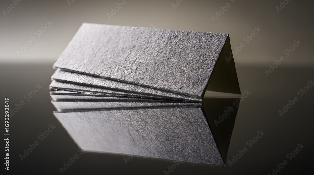 Poster a stack of textured rectangular sheets, angled and reflected on a dark surface, showcasing a subtle,