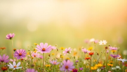 Fototapeta premium Soft focus meadow of colorful wildflowers in warm golden hour sunlight