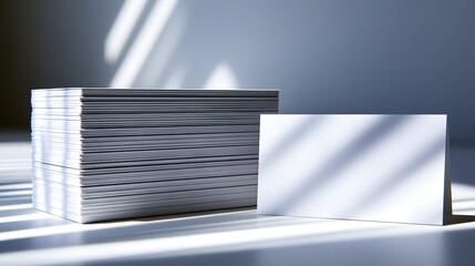 A stack of blank white cards rests alongside a single, empty card, showcasing a minimalist presentation.