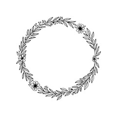 Elegant black and white botanical circle frame with leaves and flowers.