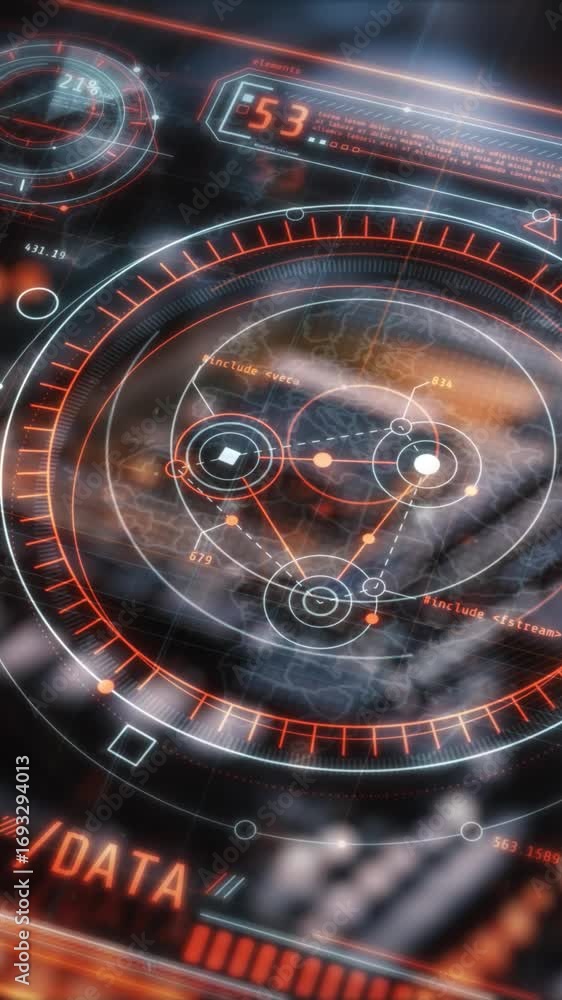 Poster futuristic interface displaying information processing based on satellite data