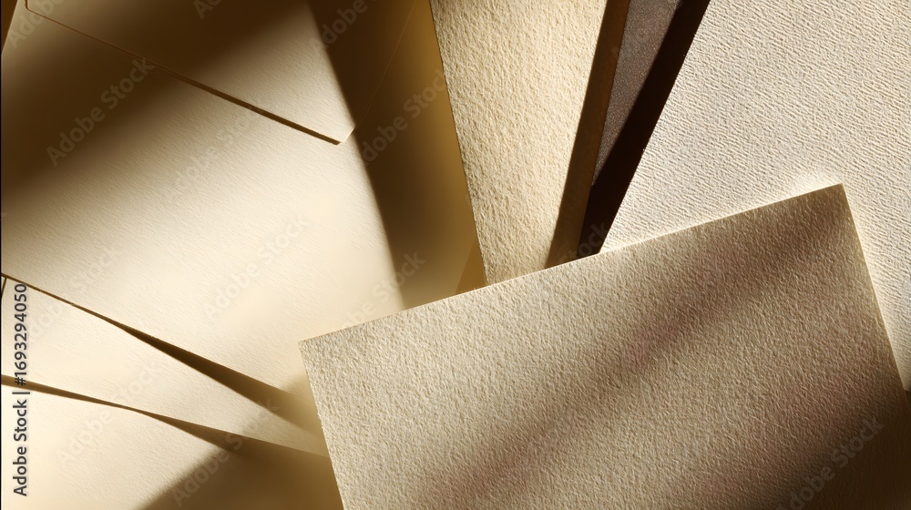 Poster a close-up view of textured paper sheets, arranged in an abstract composition, showcasing a range of