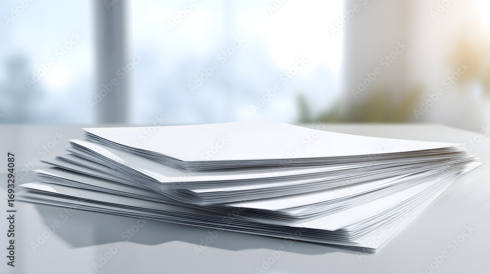 Poster a stack of blank white papers sits on a light gray table, a soft focus of a bright room and window c
