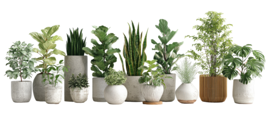 Arrangement of various houseplants in neutral-colored pots