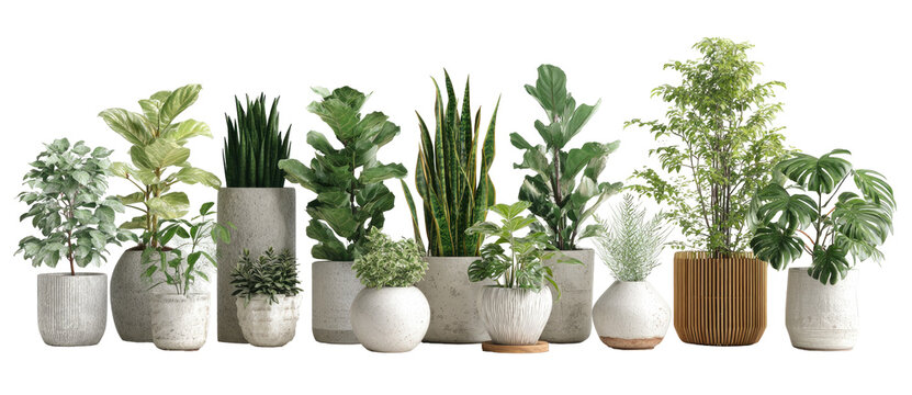 Arrangement of various houseplants in neutral-colored pots