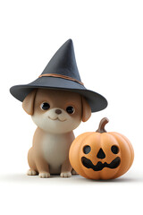 A cute cartoon dog wearing a witch hat sits beside a carved pumpkin for Halloween festivities