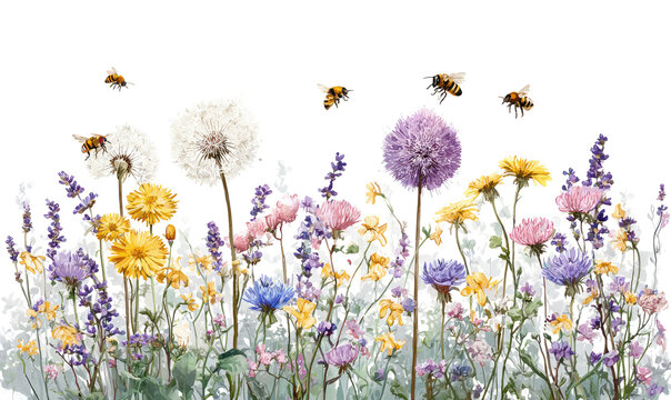 Fototapeta Vibrant meadow flowers with buzzing insects.  A colorful array of wildflowers, including dandelions, daisies, and various blossoms, fill the image.