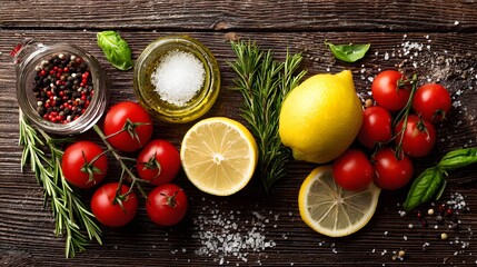 Fresh tomatoes, lemons, herbs, and spices arranged attractively on a dark wooden surface.