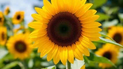 Fototapeta premium Close up of a bright yellow sunflower in a field of sunflowers
