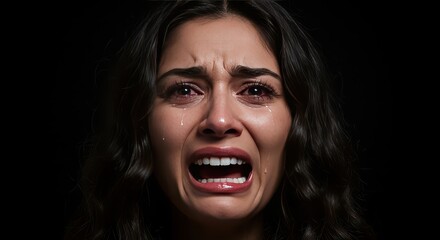 Silent Tears: A close-up portrayal of raw emotion, capturing a woman's poignant anguish as tears stream down her face, encapsulating vulnerability and deep sorrow.