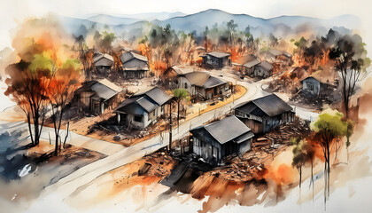 Watercolor painting of a village after a disaster