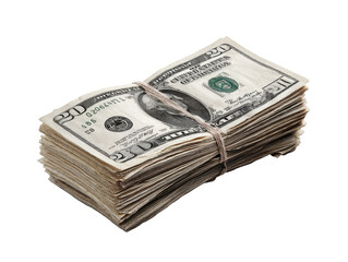 Stack of US currency, tied with rubber band.  A substantial bundle of twenty-dollar bills