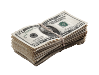 Stack of US currency, tied with rubber band.  A substantial bundle of twenty-dollar bills
