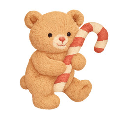 Cute embroidery teddy bear holding Christmas candy cane clipart with transparent background in PNG format perfect for holiday designs