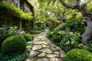 Fototapeta premium Lush Stone Pathway Through Vibrant Green Garden Landscape