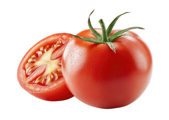 Fresh tomato, whole and halved, vibrant red, displaying seeds