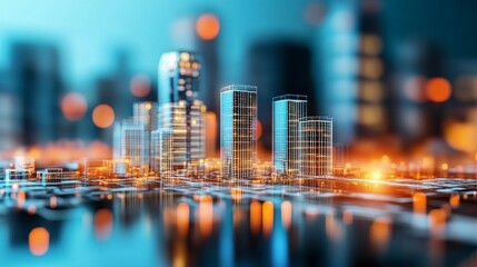 Abstract Cityscape Glowing Buildings and Reflections, Architecture, Urban