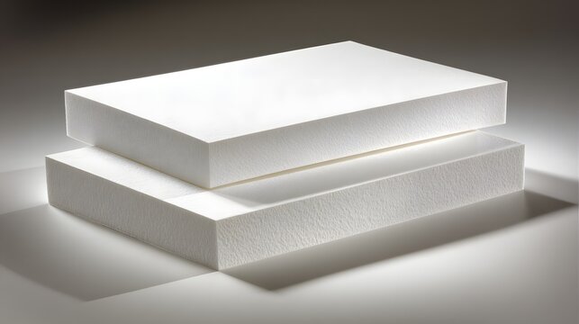 Two rectangular sheets of white insulation material stacked on a bright white surface.