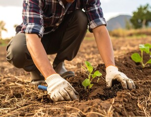 Farmer planting seedlings in a field
