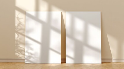 Two blank canvases, displaying natural light shadows, in a minimalist beige room, offer a neutral backdrop for design presentations.