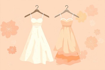 Two elegant gowns on hangers, soft peach background, floral accents