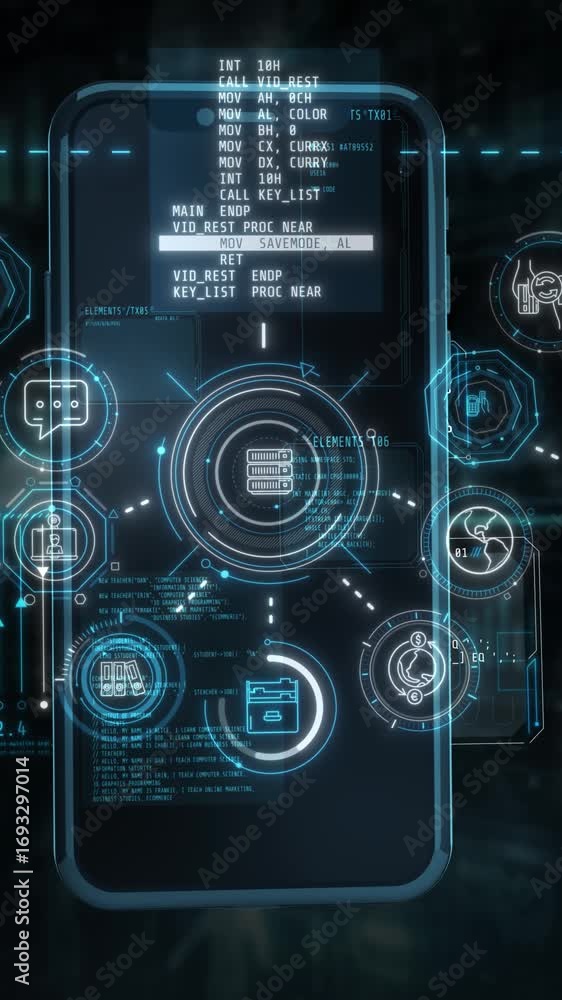 Poster futuristic interface with data analysis and business activities