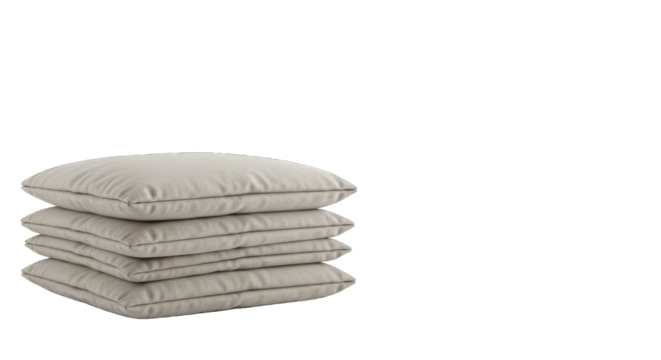 Stacked pillows in neutral color on white background  