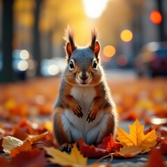 Adorable Squirrel Amidst Autumn Leaves in Soft Sunlight