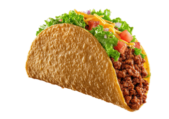Side view of a taco.  Crispy corn tortilla filled with seasoned ground beef, lettuce, diced tomatoes, and shredded cheese.  Fresh ingredients, prepared and ready to eat