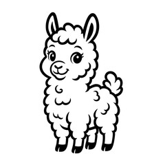 Cute Cartoon Llama Vector – Black and White Alpaca Clipart, Farm Animal Outline Drawing for Kids, Logo and Coloring Book
