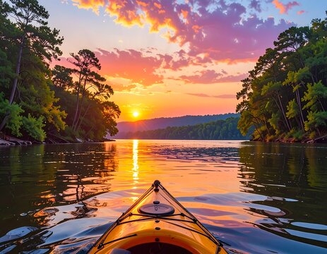 Kayaking at sunset on a serene lake