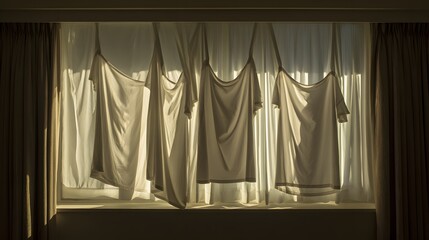 Soft, diffused sunlight streams through a window, illuminating draped, light-colored clothing hanging from the curtains.