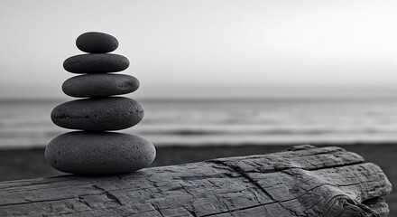 Perfectly Stacked Cairn Stones Resting on Weathered Driftwood